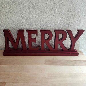 GUC Red Wooden 'MERRY' Tabletop Shelf Sitter Sign | Christmas Desk Mantle Rustic